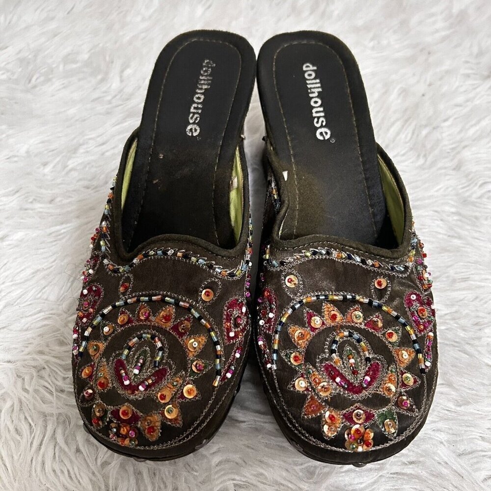 Dollhouse VTG 90s 00s Beaded Sequin Slip On Boho Wooden Clog 7.5 Indie Unique